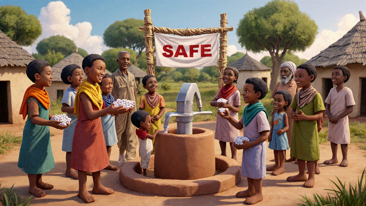 Agents de santé communautaires distribuant des comprimés d’albendazole à des habitants autour d’un puits, style argile cartoon.