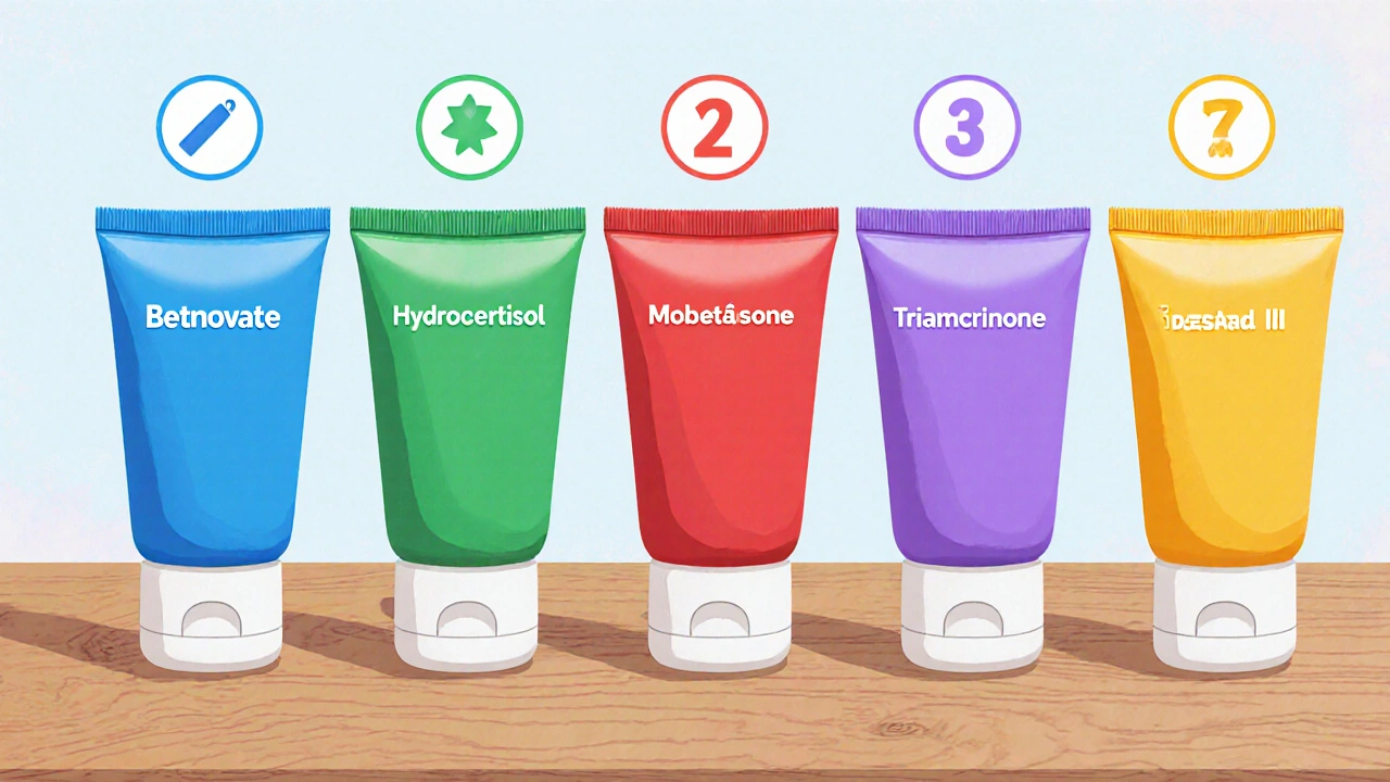 Assortiment en pâte à modeler de tubes de corticoïdes topiques avec icônes de puissance.