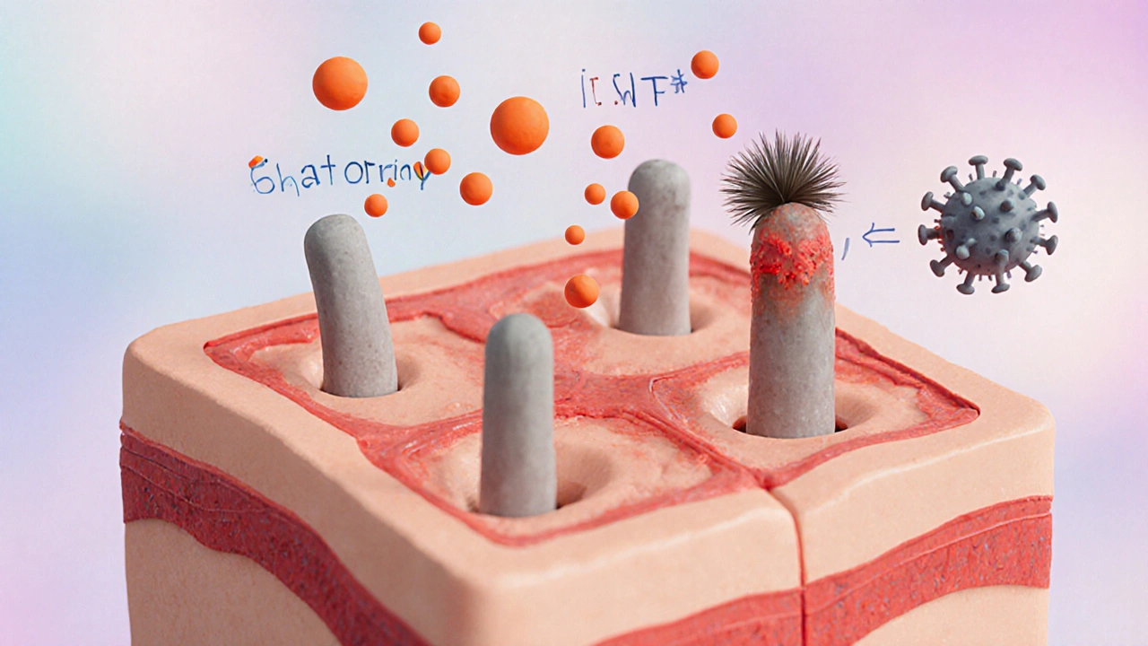 Coupe transversale en argile d’un cuir chevelu montrant follicules enflammés et cytokines.