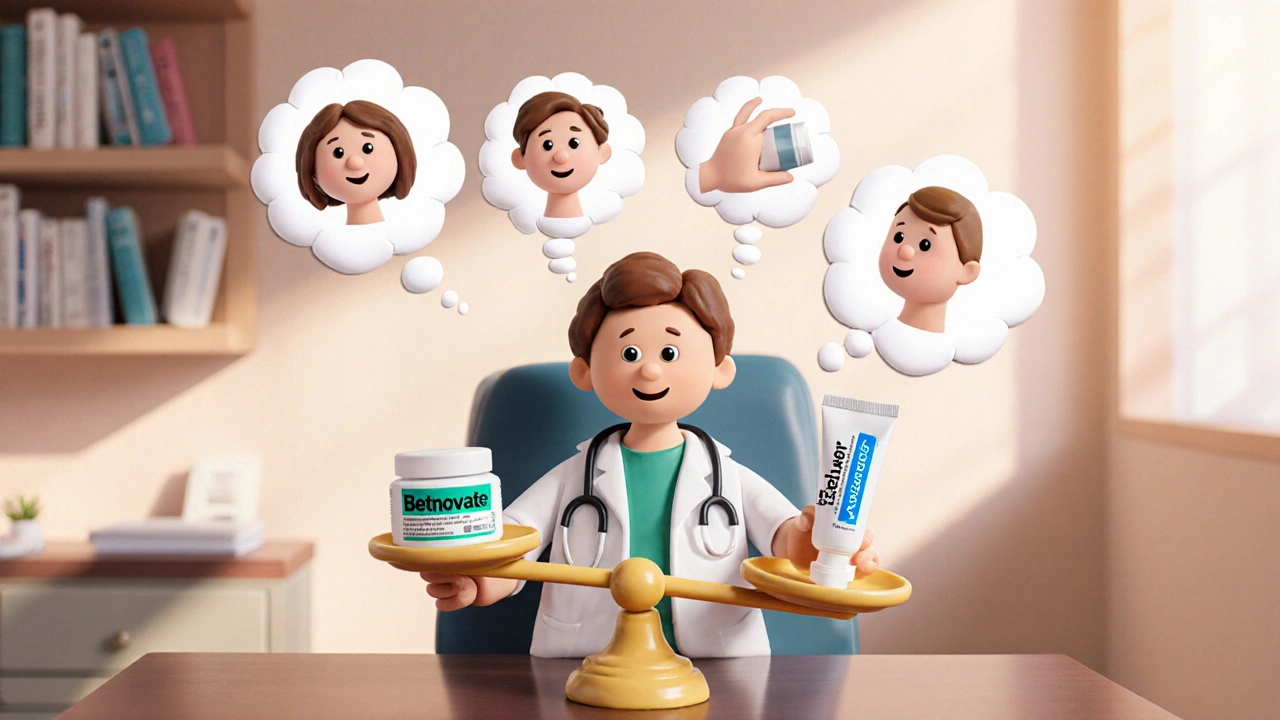 Dermatologue tenant une balance en pâte à modeler comparant Betnovate à une crème moins forte.
