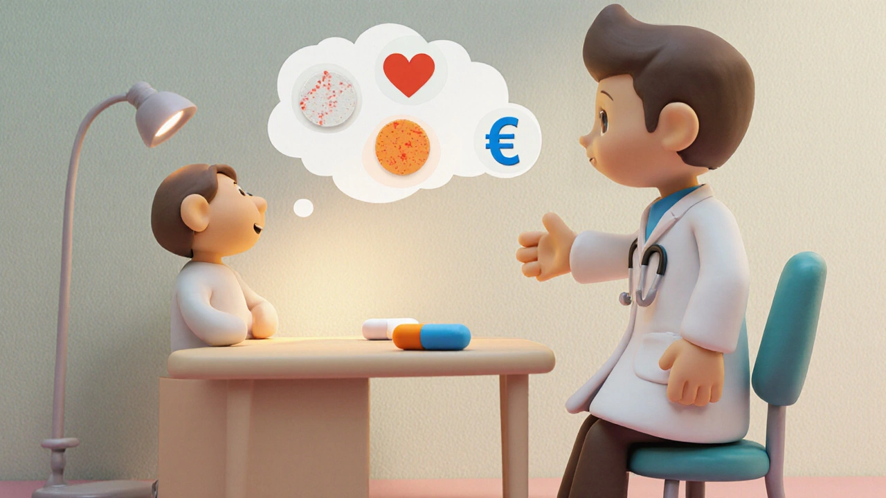 Docteur en argile conseillant un patient, entourés de petites pilules d&#039;argile représentant différents traitements.