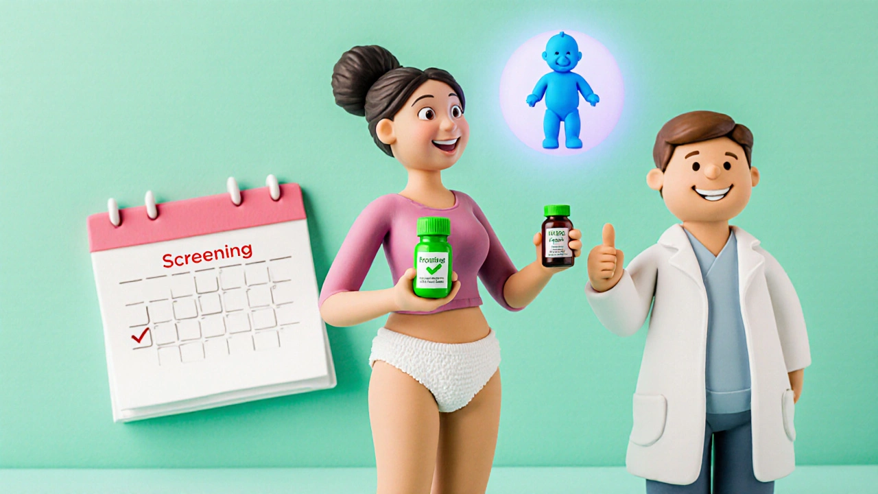 Femme en argile tenant probiotiques et médicaments, calendrier de dépistage, bébé lumineux en arrière‑plan.