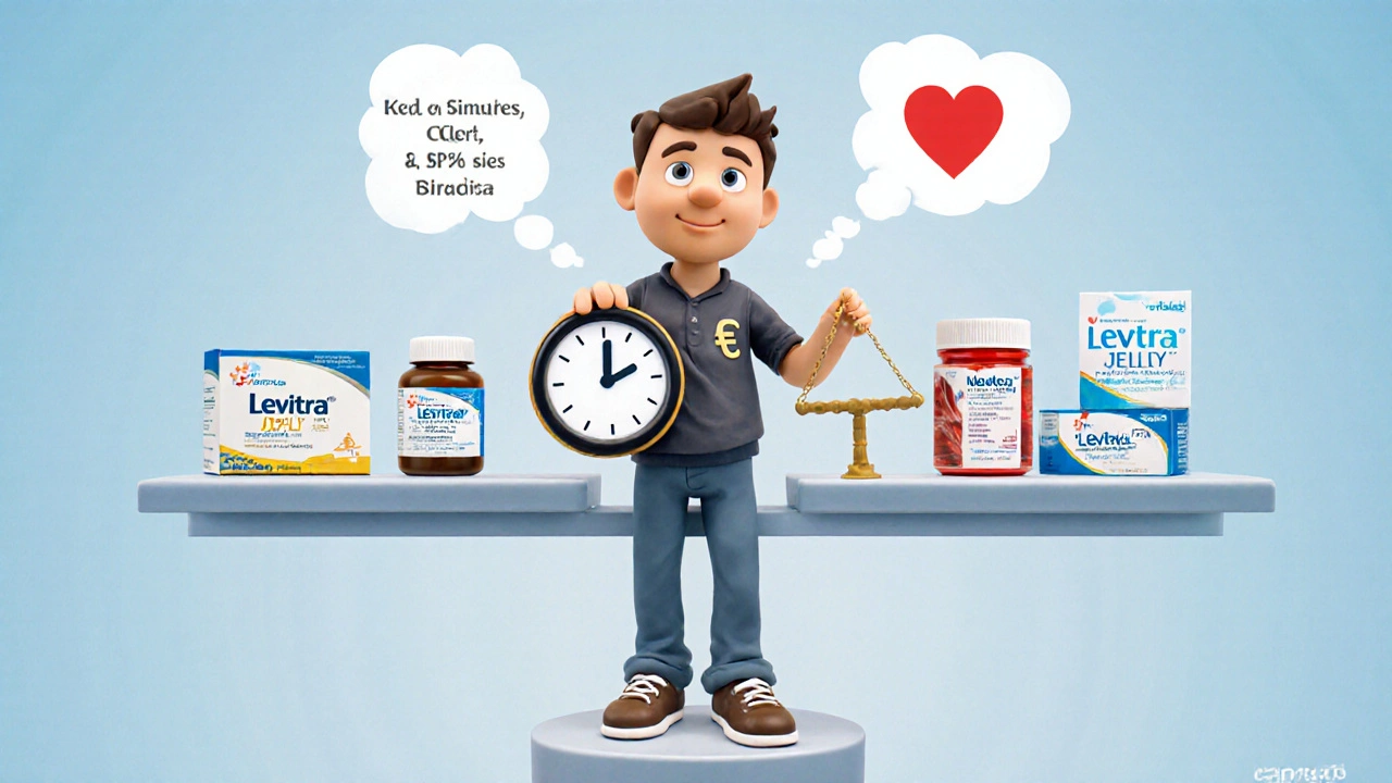 Homme d&#039;argile devant une étagère de médicaments, tenant une balance avec horloge et euro.