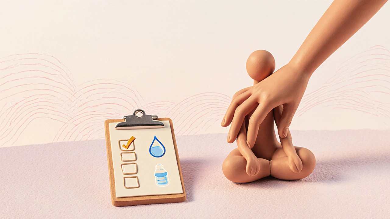 Main en pâte à modeler appliquant une pression sur le point P6, avec personnage pratiquant la respiration et une checklist à côté.