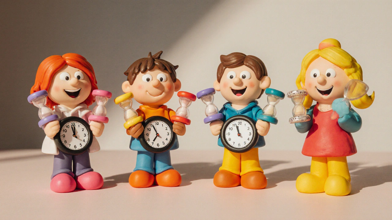 Quatre figurines d&#039;argile illustrant Levitra Jelly, Viagra, Cialis et Stendra avec horloges et sabliers.