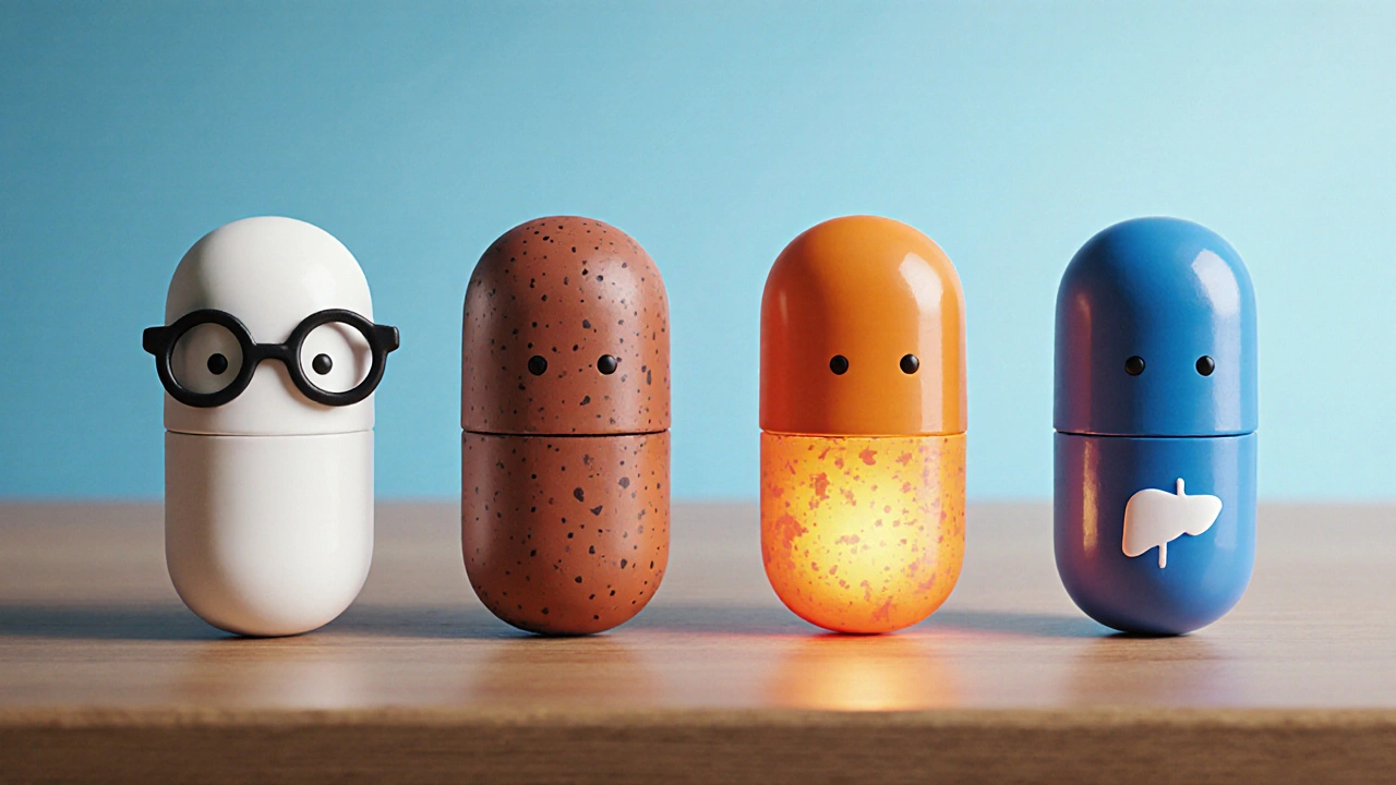 Quatre personnages en argile symbolisant la dapson, la clofazimine, la rifampicine et la minocycline, chacun avec ses couleurs distinctes.