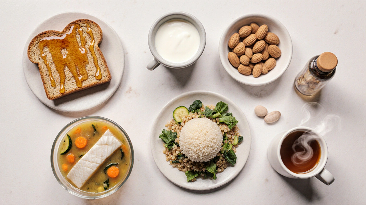 Repas légers en pâte à modeler : toast au miel, amandes, soupe claire, poisson grillé, quinoa, thé au gingembre et bouteille de pilules.