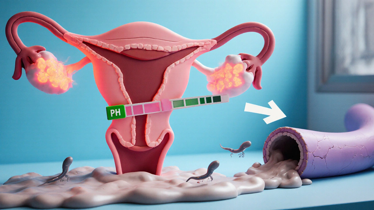 Scène médicale en argile montrant inflammation, mucus altéré et trompe de Fallope cicatrisée.