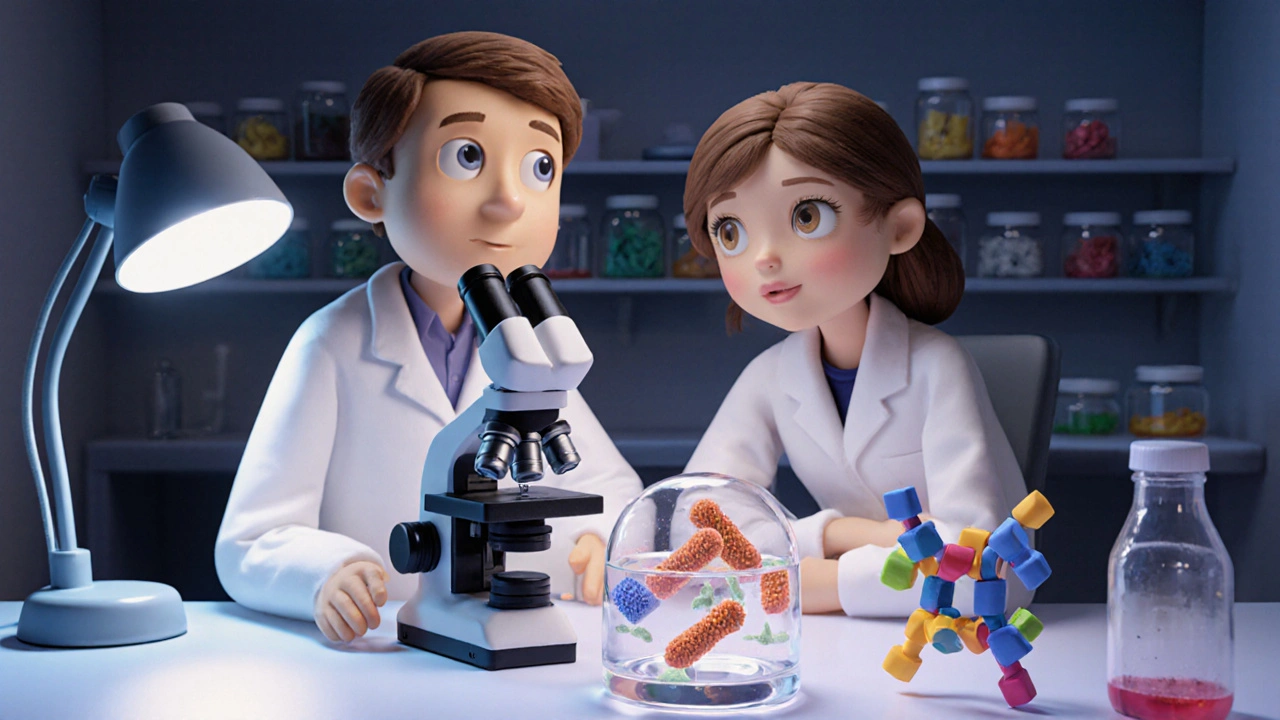 Scientifiques en laboratoire manipulant des modèles d’argile de bactéries Chlamydia et de molécules d’albendazole.