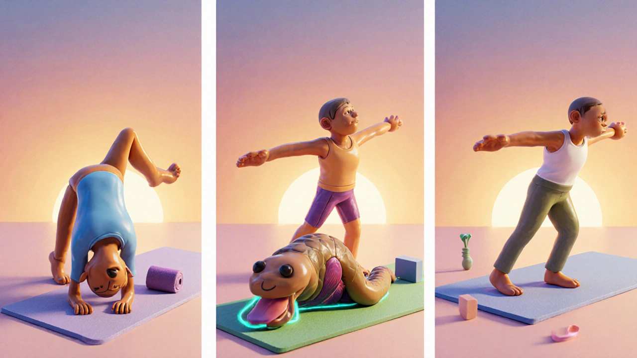 Cinq personnages en pâte à modeler exécutent le chien tête en bas, le pigeon, le cobra, le triangle et le guerrier II.