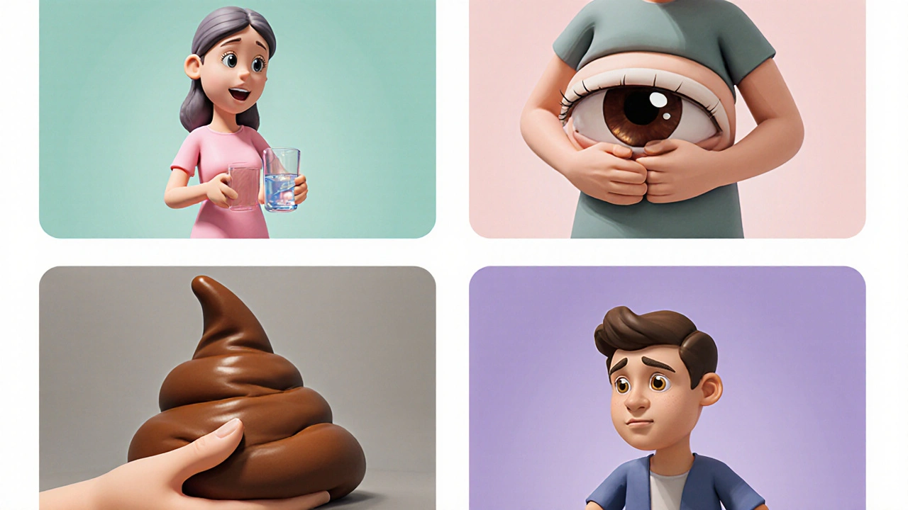 Figures en argile illustrant sécheresse buccale, constipation, vision trouble et rétention urinaire.