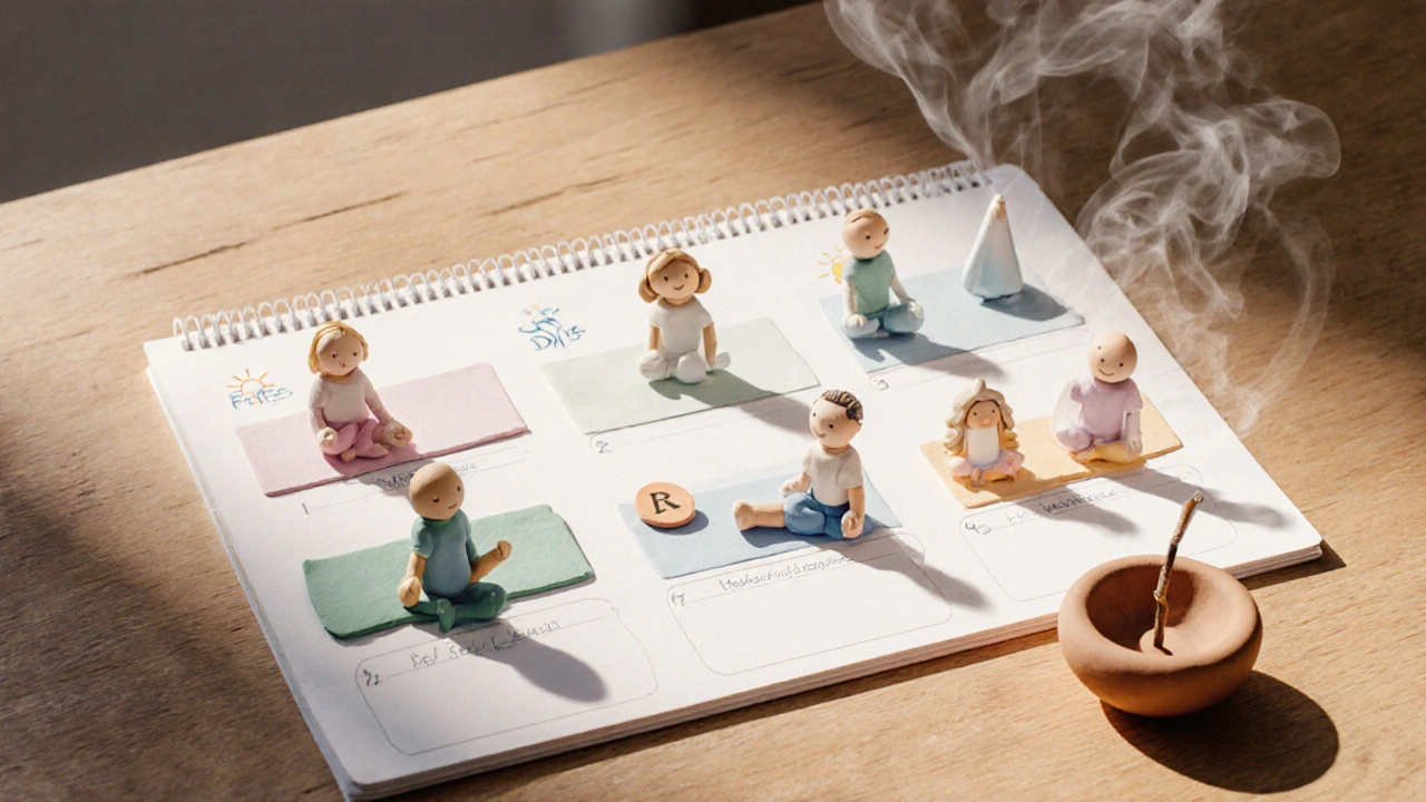 Figurines en pâte à modeler montrent une routine de yoga hebdomadaire, se terminant par une détente en Savasana.