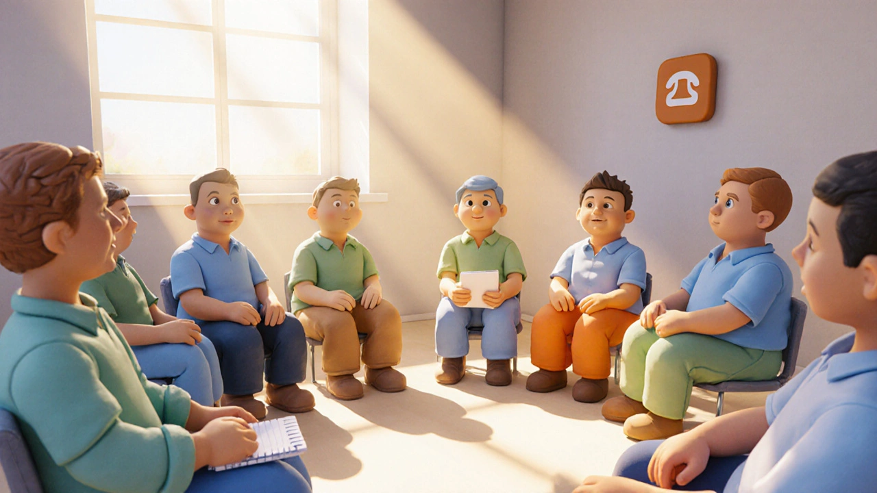 Groupe d&#039;hommes en cercle, soutenus par un thérapeute, symbolisant le brisement du tabou.