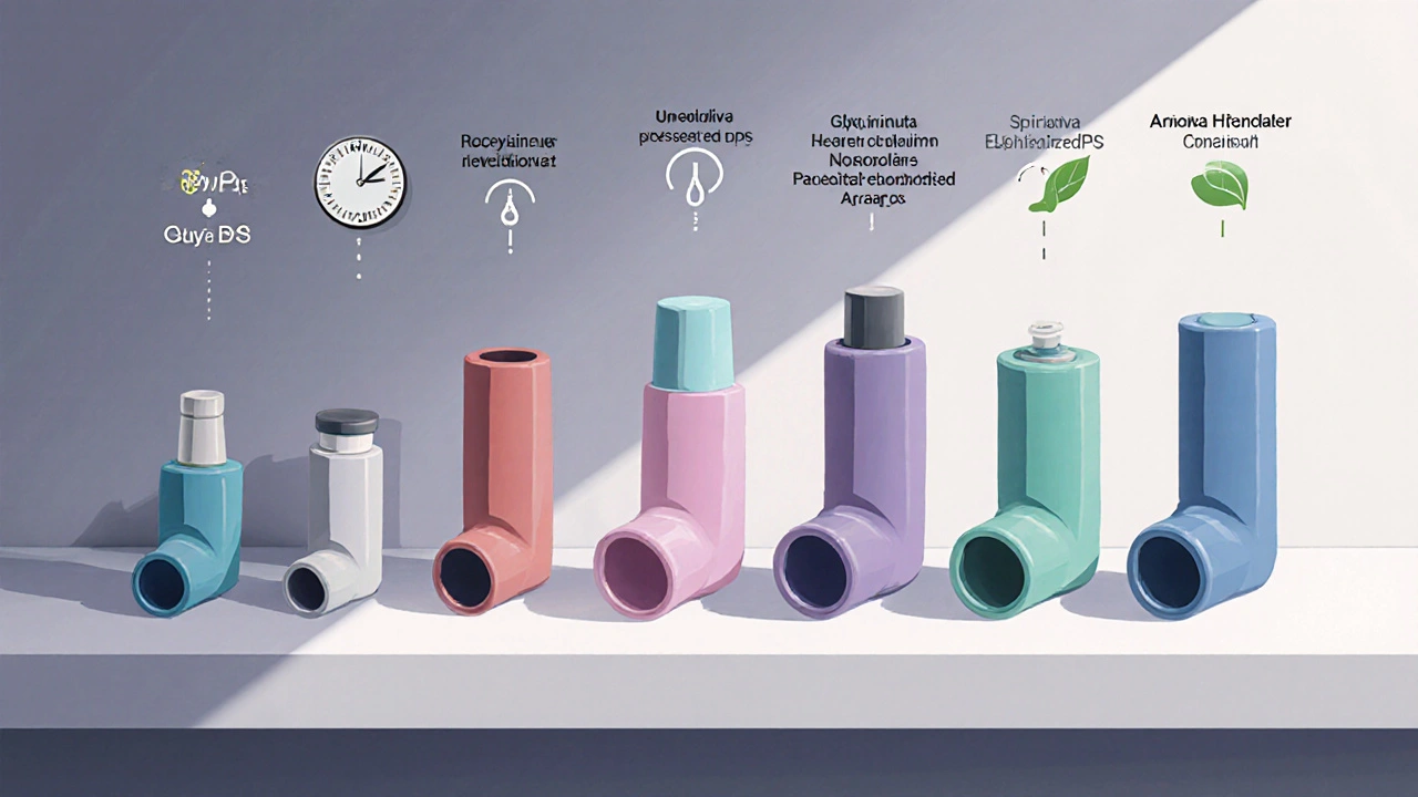 Ligne d&#039;inhalateurs en argile, chaque dispositif avec icônes de fréquence, débit et effets.