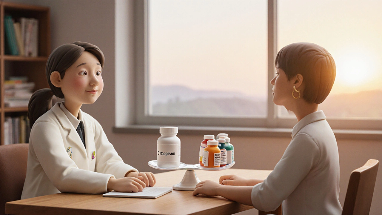 Médecin et patient en argile avec balance de pilules illustrant le choix.