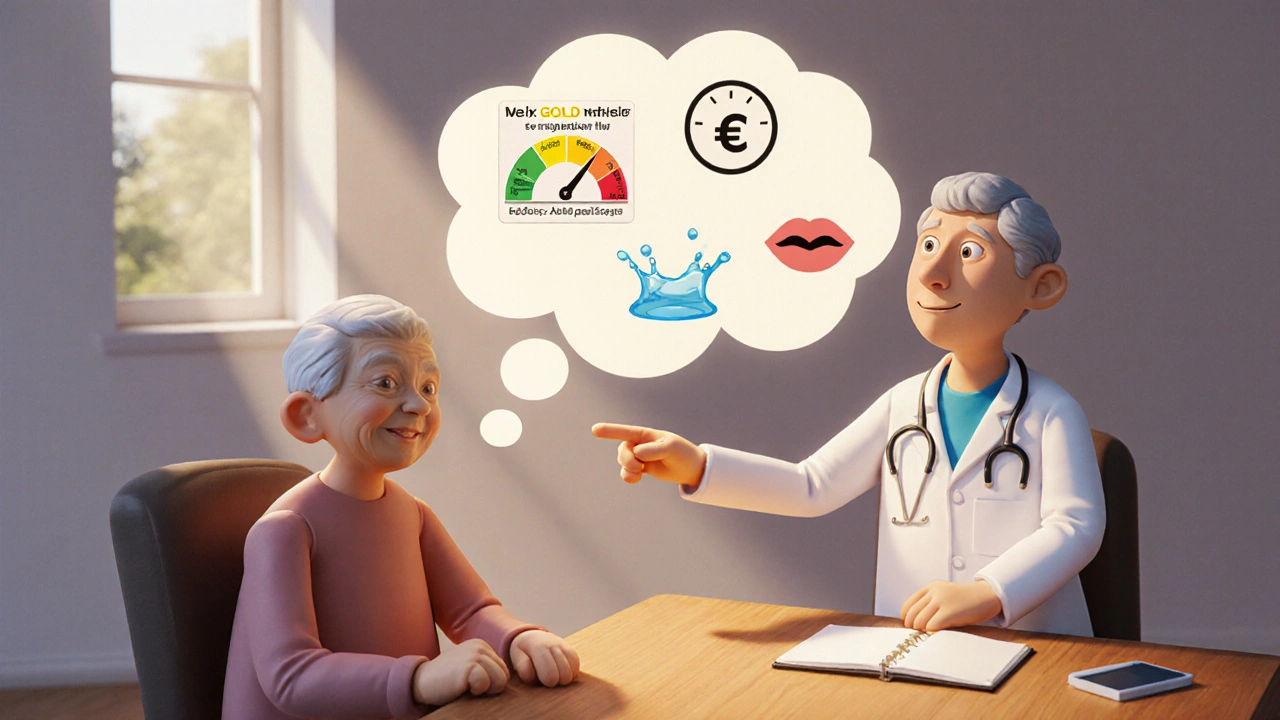 Patient âgé et médecin en argile, bulle de pensée avec icônes de gravité, débit, coût et effets.