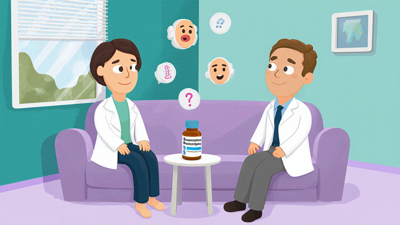 Psychiatre en argile consulte un patient, illustrant le suivi du traitement.