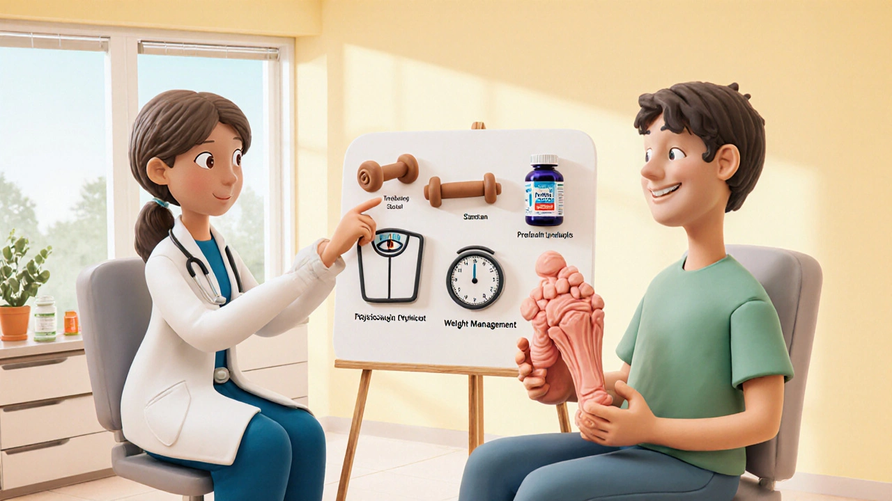 Rhumatologue en argile conseillant exercices, gestion du poids et pentosan à un patient.