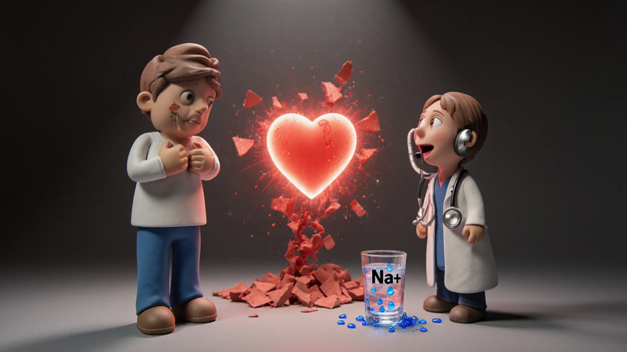 Scène en argile montrant tachycardie, hyponatrémie et anaphylaxie avec un médecin.