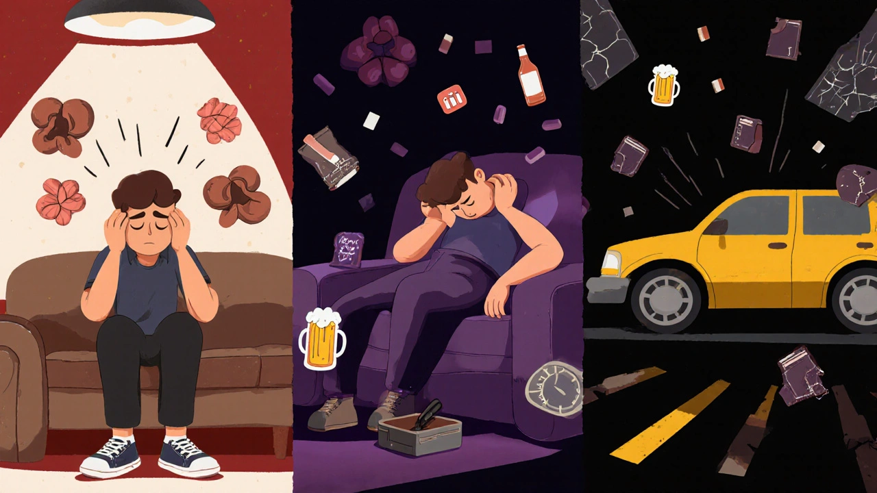 Scène en trois parties montrant douleurs, alcool et comportements à risque chez un homme.