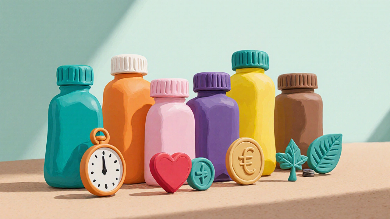 Tableau en argile de sept flacons de pilules colorées avec icônes de critères.