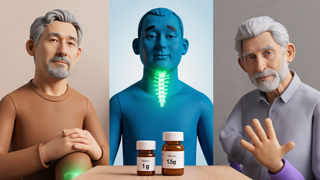 Trois patients en argile avec genou, cou et main mis en évidence, accompagnés de bouteilles de pilules.