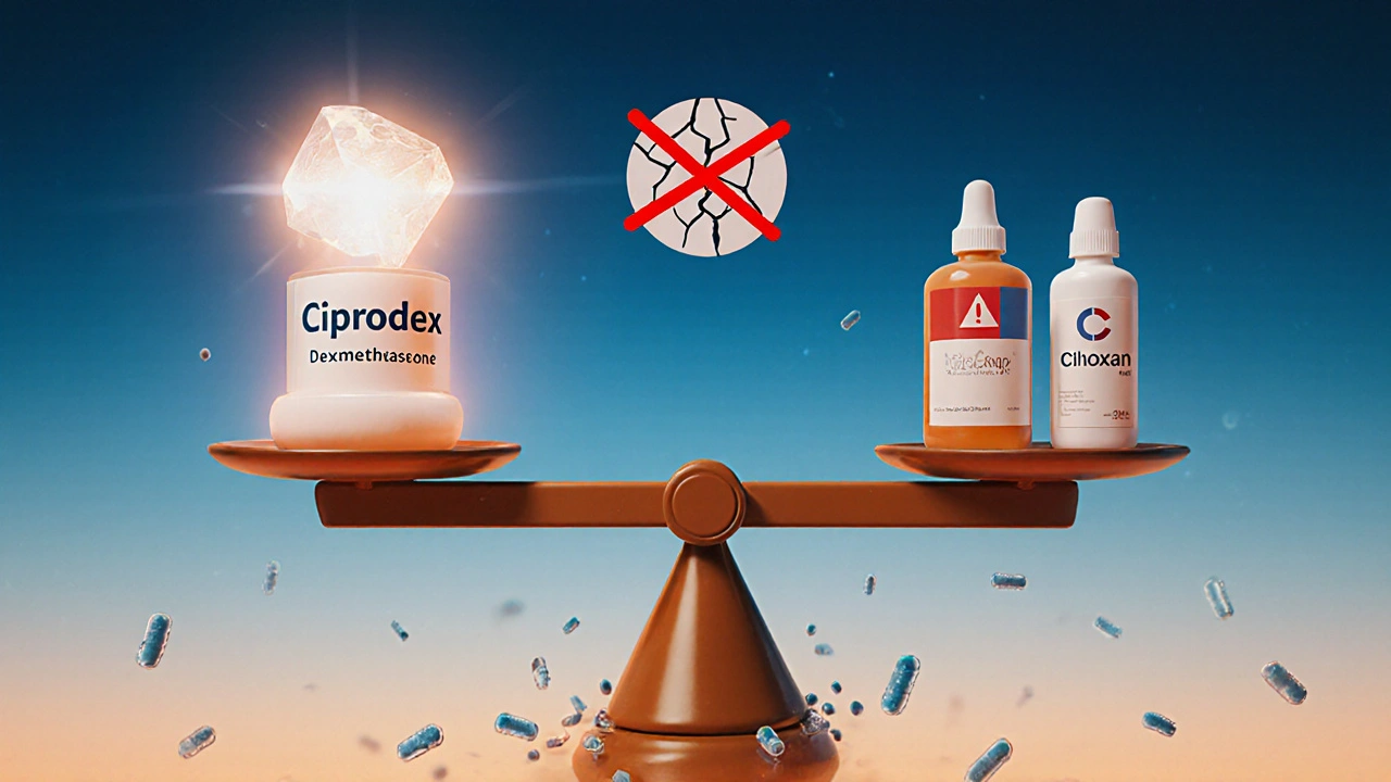 Balance comparant Ciprodex à d&#039;autres gouttes, avec une cornée endommagée en arrière-plan.