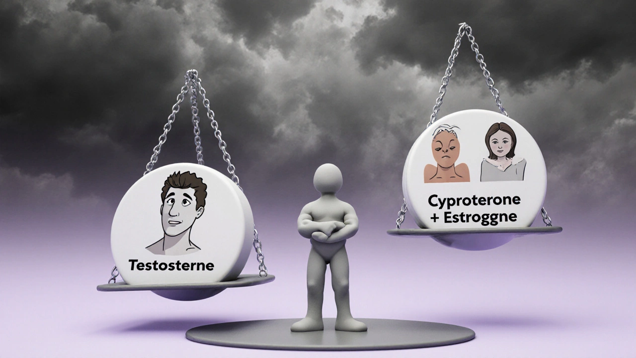 Balance symbolisant le combat entre testostérone et thérapie hormonale féminisante avec une personne au centre.