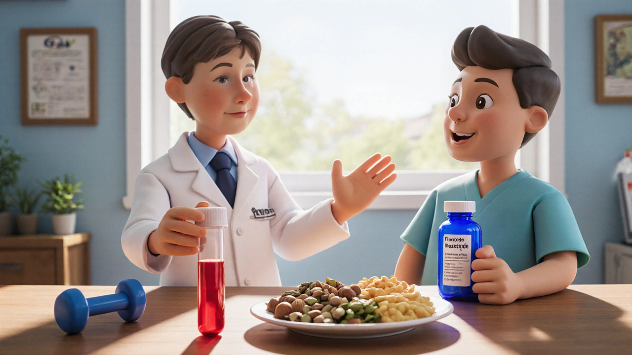 Bureau dermatologique avec médecin, test PSA, patient tenant un flacon de finastéride et des aliments riches en zinc.