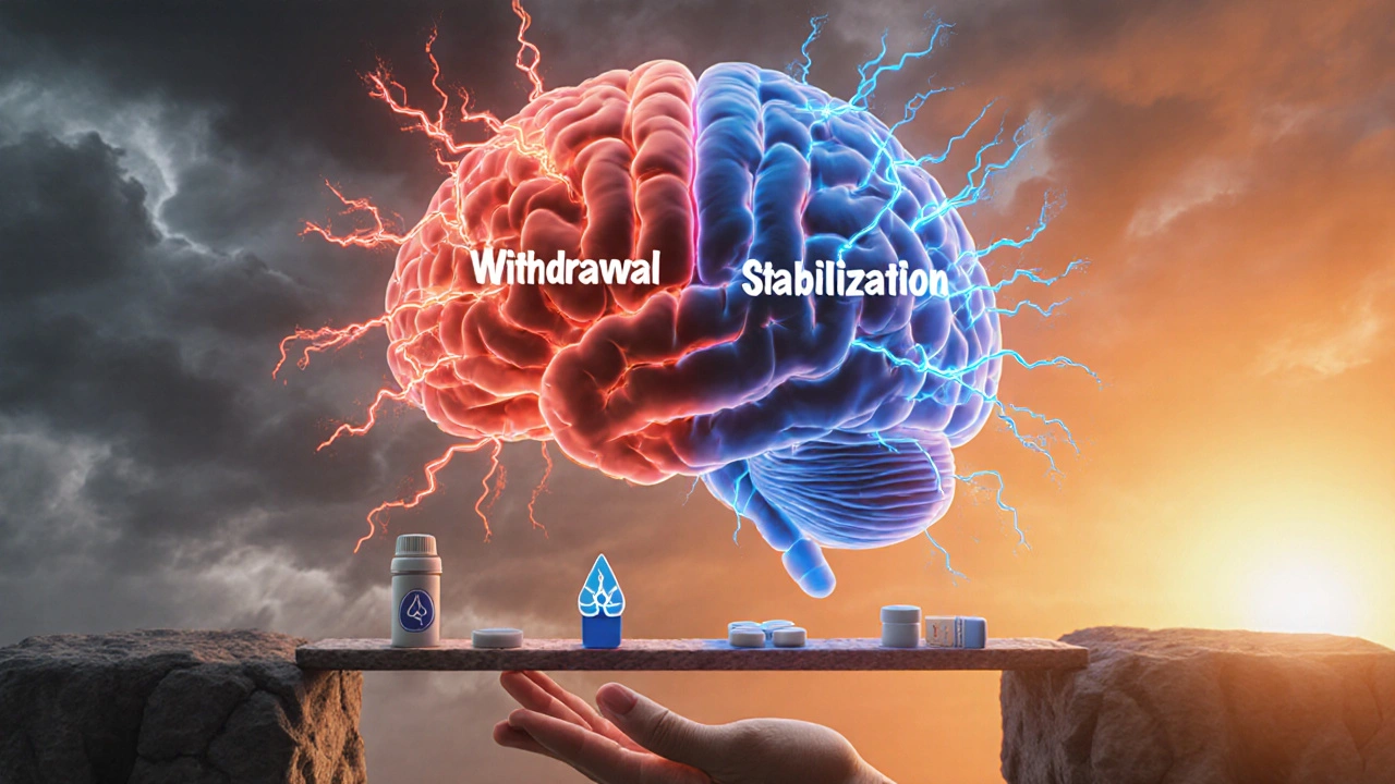 Cerveau divisé entre symptômes de sevrage chaotiques et rétablissement calme, relié par un pont de pilules et de respiration.