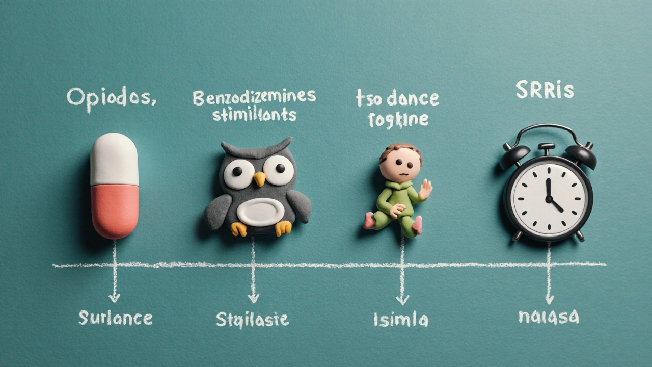 Chronologie en argile des opioïdes, benzodiazépines, stimulants et ISRS avec effets secondaires et délai de tolérance.