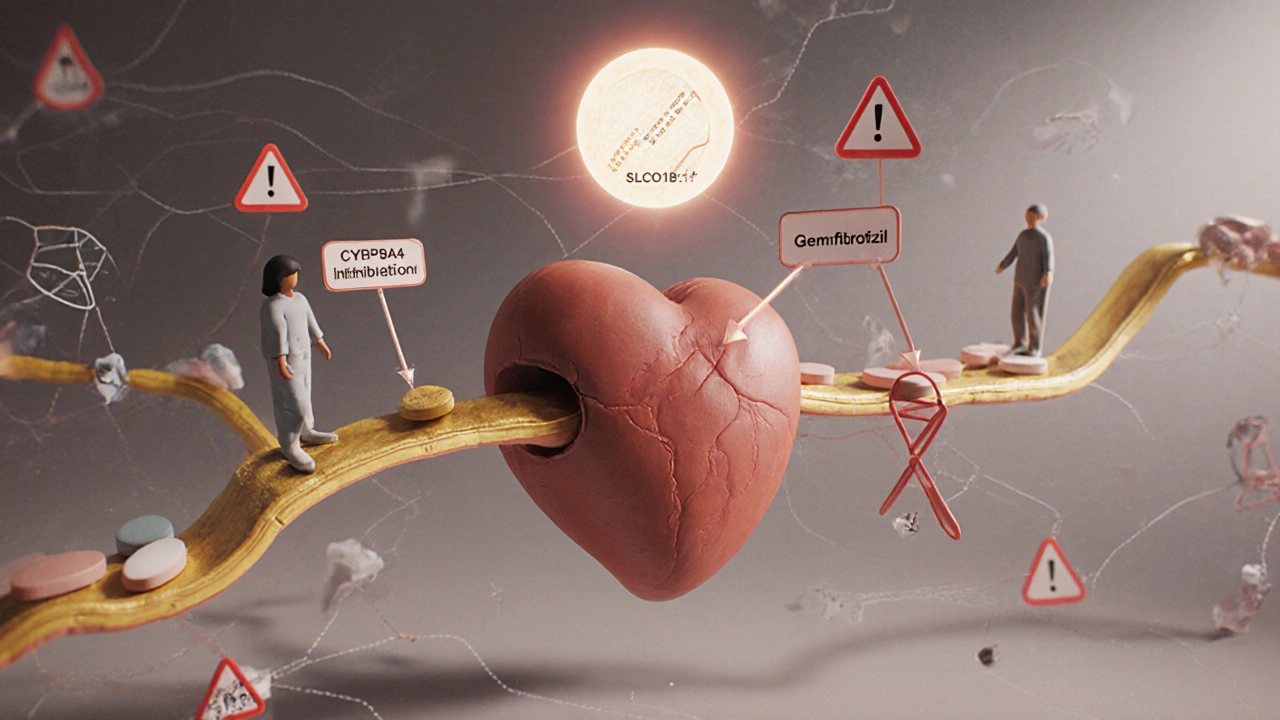 Cœur entouré de voies médicamenteuses bloquées, avec un patient en sécurité sur des statines sûres, en style argile.