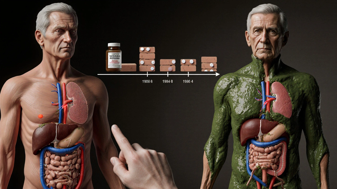 Comparaison en deux parties d&#039;un corps jeune et d&#039;un corps âgé, montrant l&#039;accumulation toxique des médicaments dans les organes.