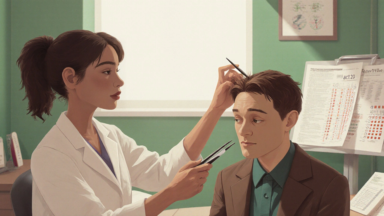 Dermatologue effectuant un trichogramme sur le cuir chevelu d&#039;un patient, dans un bureau médical calme et bien éclairé.