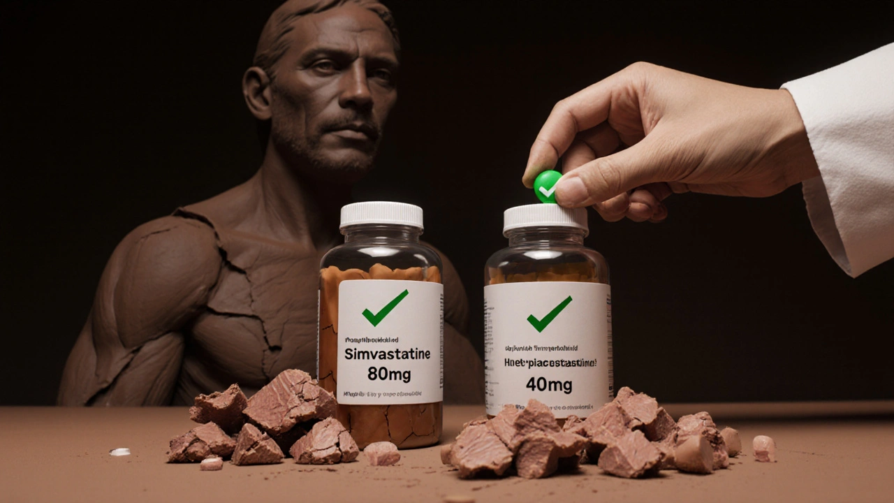 Deux bouteilles de pilules en argile : l&#039;une endommageant les muscles, l&#039;autre les protégeant, illustrant le risque différent des statines.