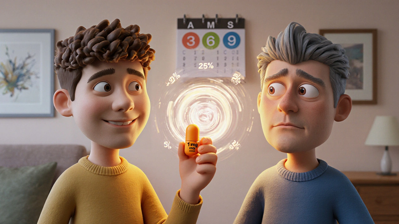 Deux hommes côte à côte : le plus jeune prend une pilule et garde des cheveux épais, le plus vieux montre une calvitie plus avancée.