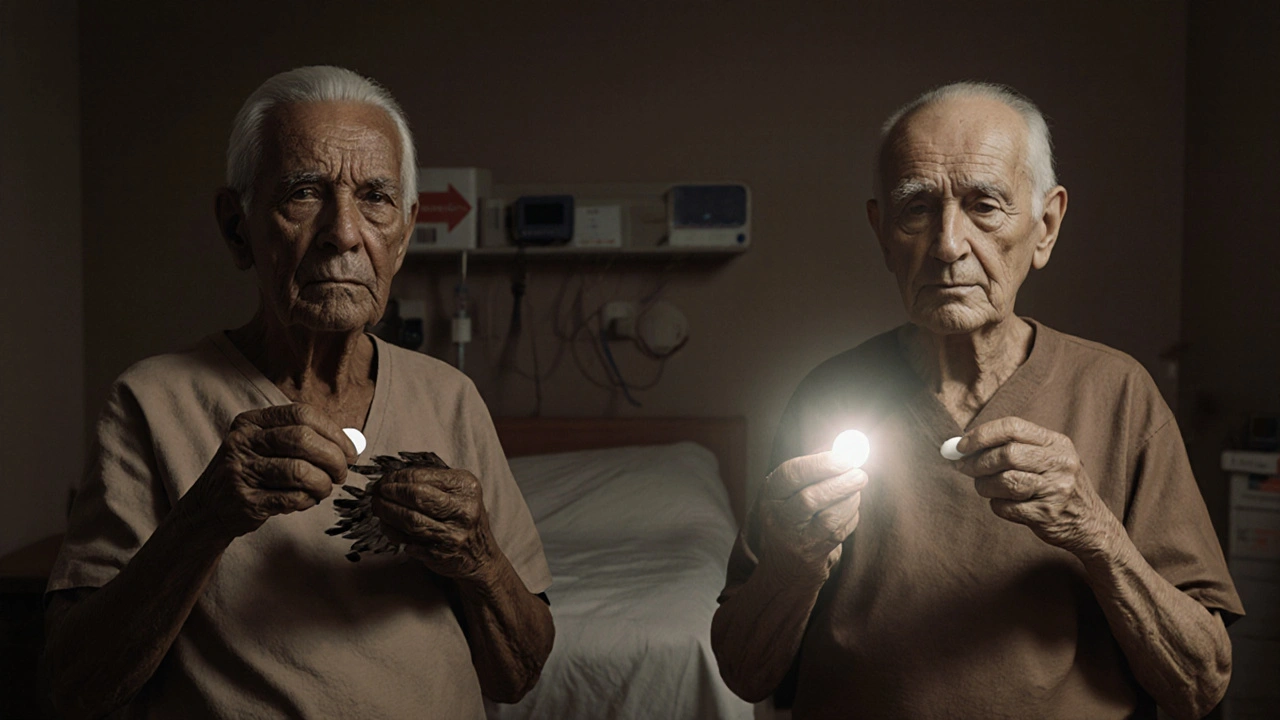 Deux patients âgés avec des pilules différentes : glyburide dangereuse et glipizide plus sûre.