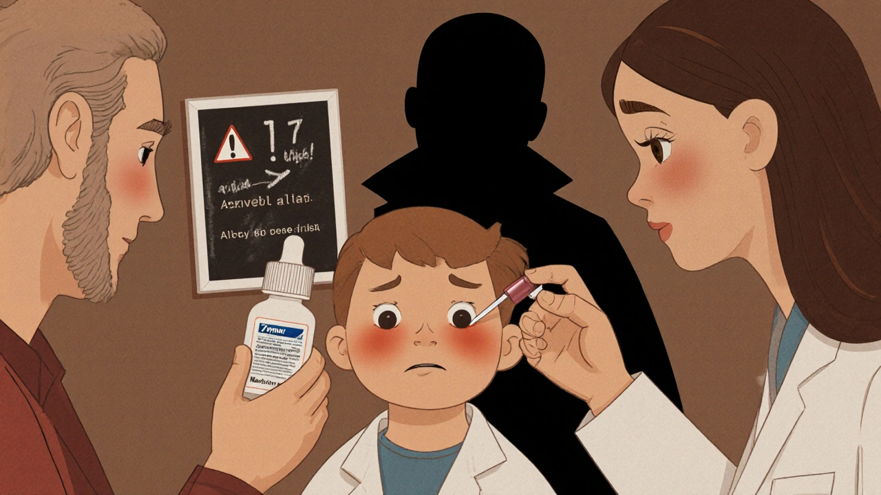 Enfant recevant des gouttes Zymar sous surveillance médicale, avec une ombre menaçante de Maxitrol.