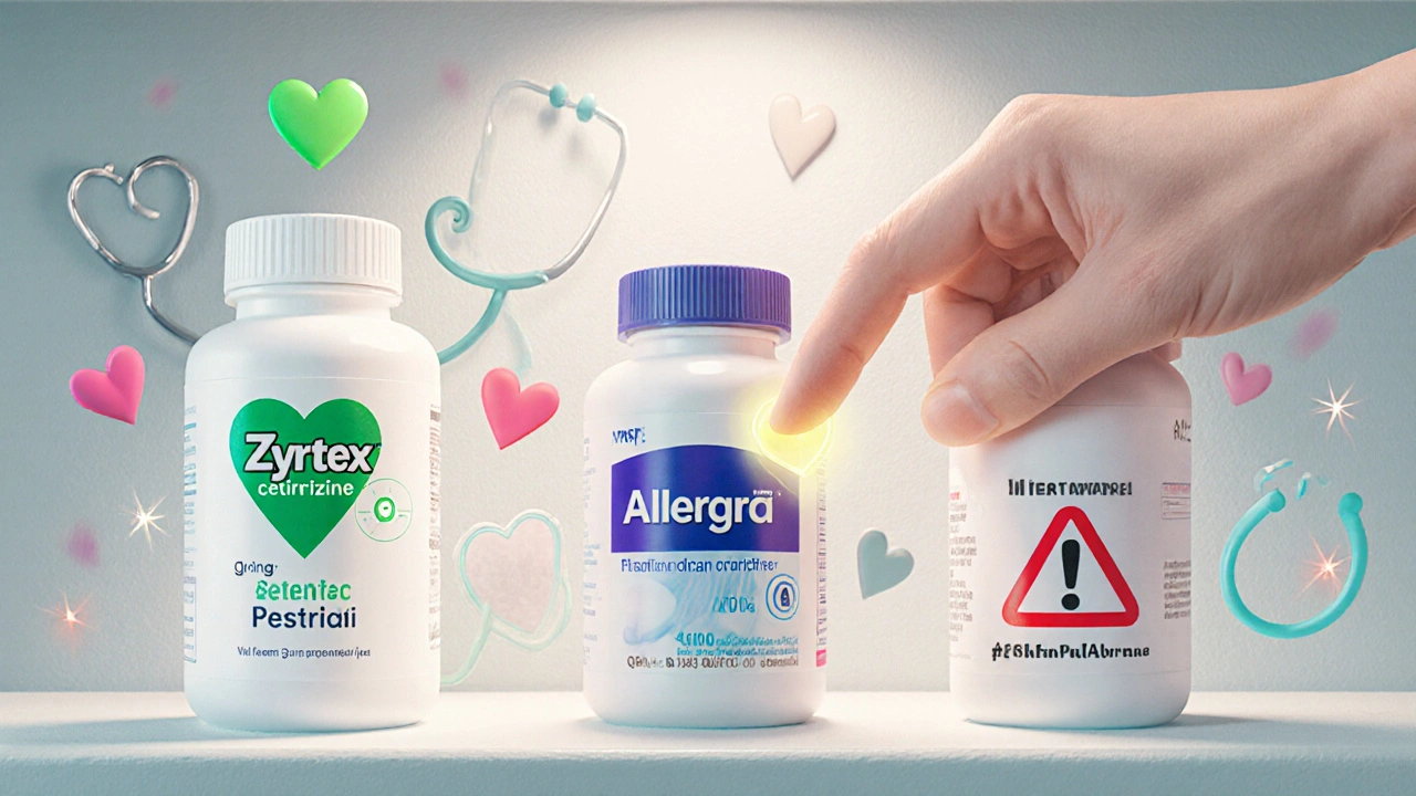 Étagère de pharmacie montrant les antihistaminiques sûrs et ceux à éviter pour les hypertendus.