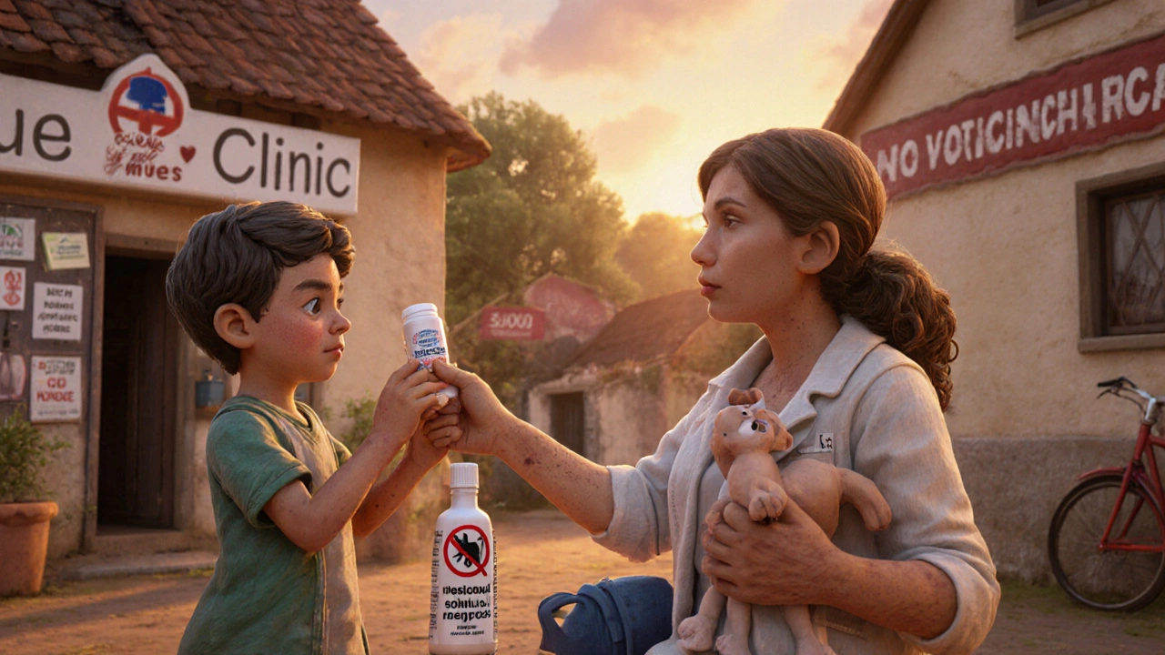 Famille dans un village français, un enfant reçoit un traitement sous surveillance médicale.