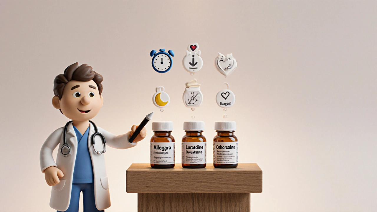 Figurine de médecin présentant cinq flacons d&#039;antihistaminiques avec icônes d&#039;effets.