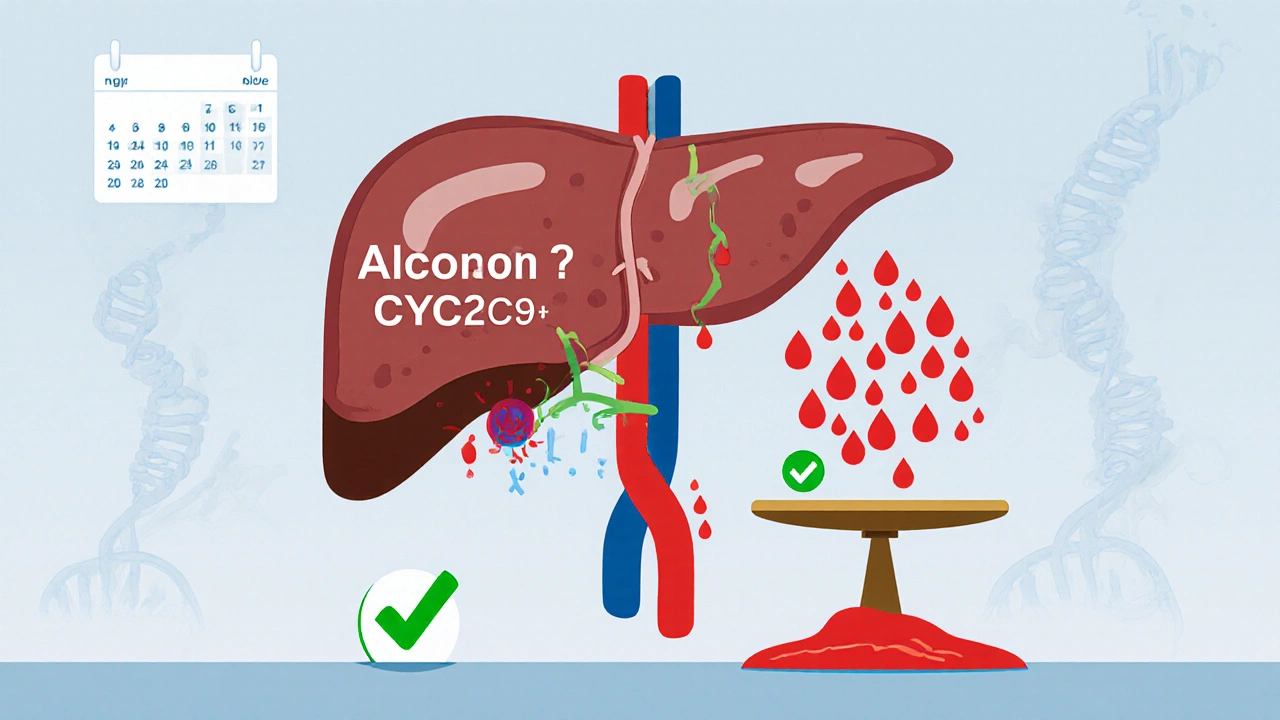 Foie schématique montrant l&#039;interaction dangereuse entre l&#039;alcool et le warfarin
