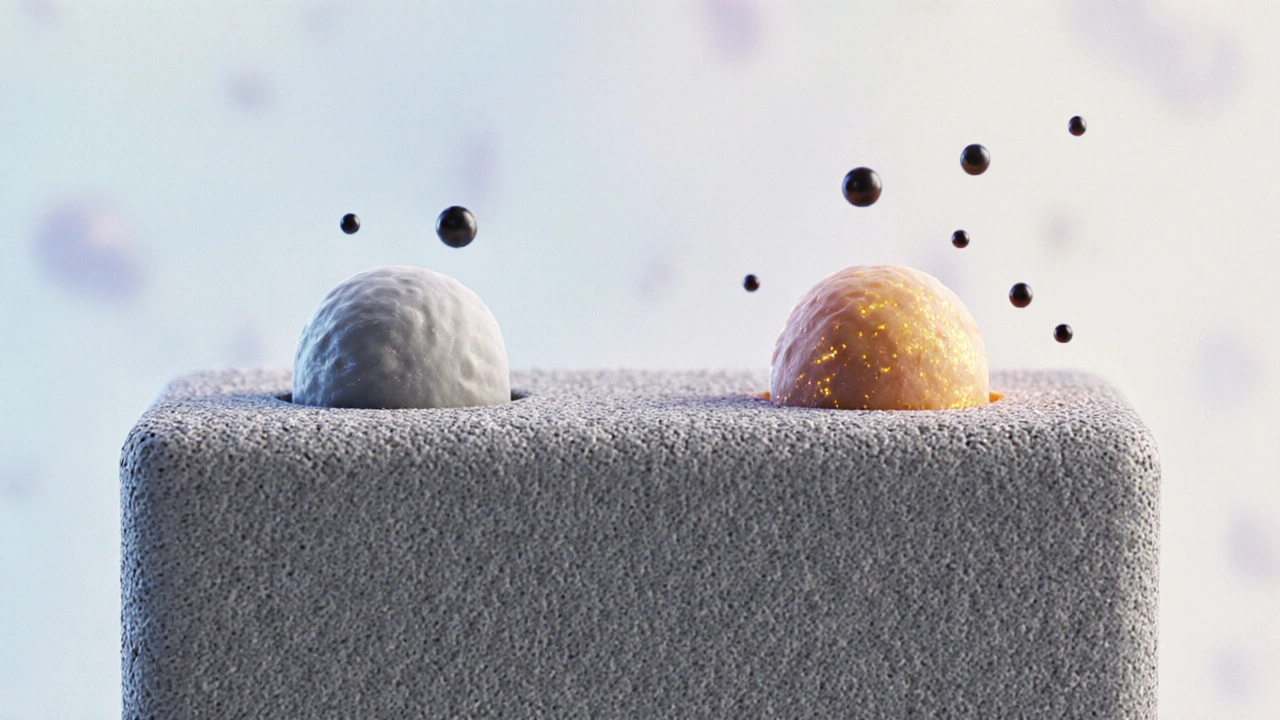 Follicule pileux représenté en vue agrandie, montrant des cellules en croissance et en repos, entourées de molécules de méthotrexate, style argile.