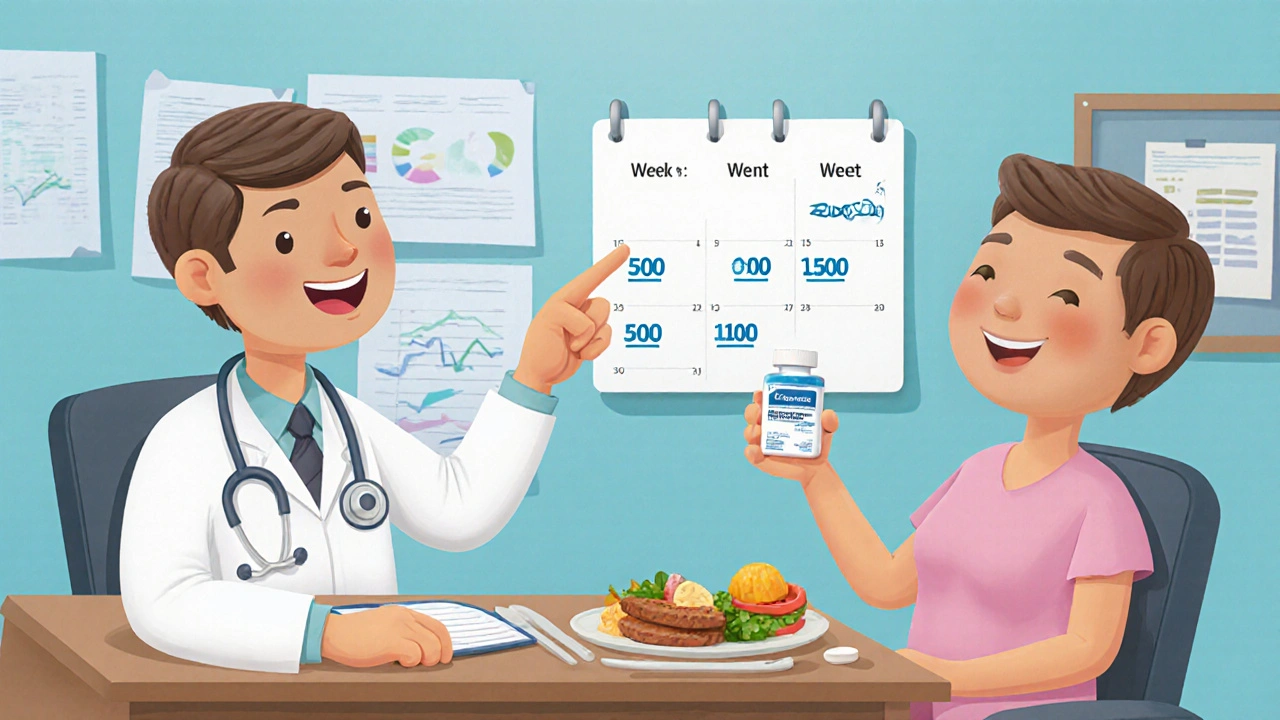 Médecin conseillant le titrage du Metformin XR, patient souriant avec calendrier.