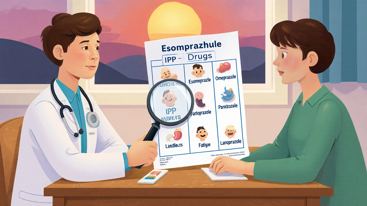 Médecin et patient discutant d&#039;un tableau comparatif des IPP avec leurs effets secondaires.