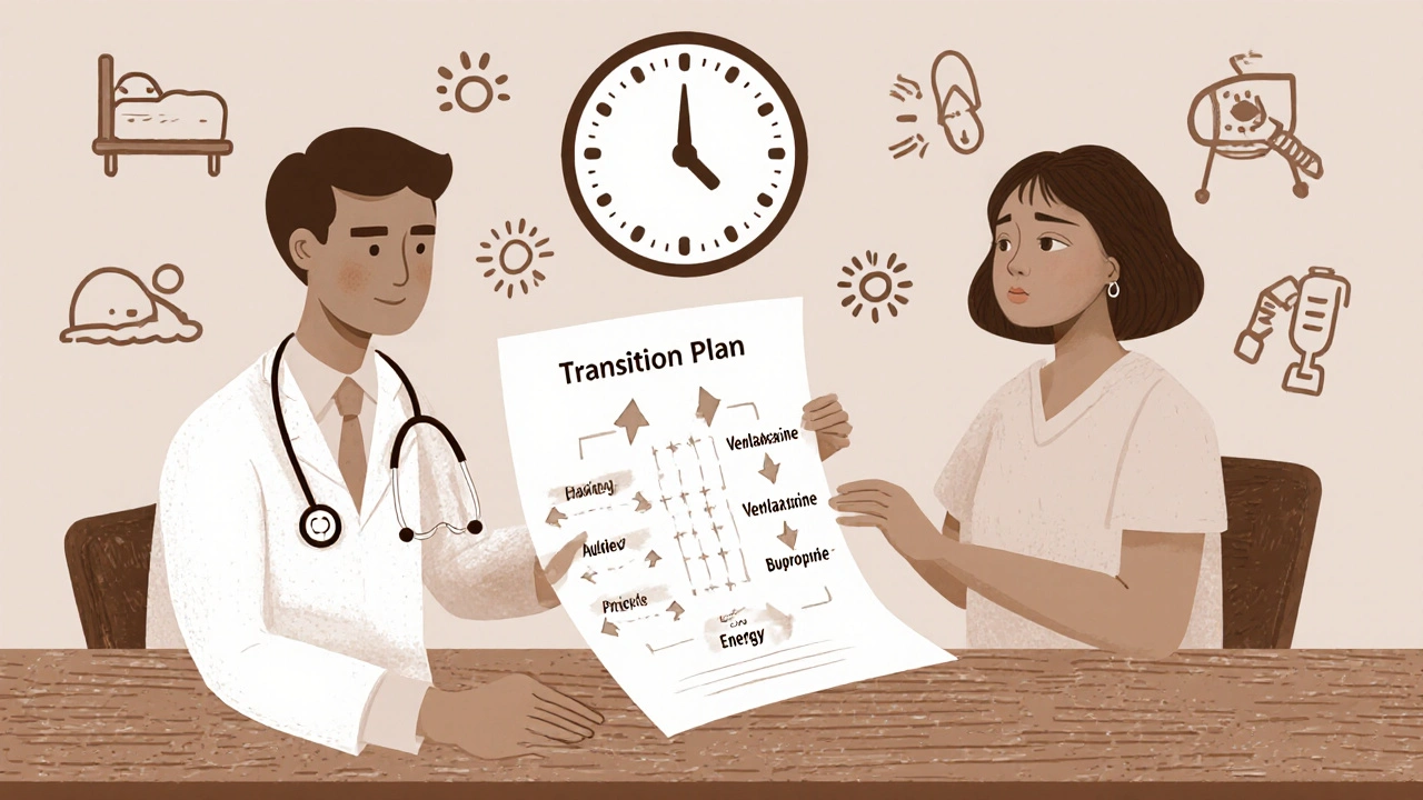 Médecin et patient examinant un plan de transition médicamenteuse à une table, avec des symboles de sommeil et d&#039;anxiété.