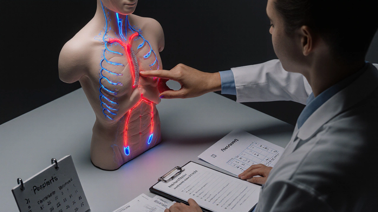 Médecin expliquant un modèle corporel montrant le blocage des androgènes par l&#039;acétate de cyprotérone.