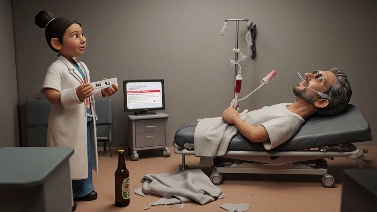 Patient à l&#039;hôpital avec un INR de 9,0 et une bouteille de bière cassée à côté