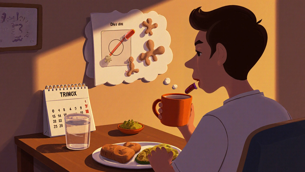 Patient à la maison prend un comprimé de Trimox en suivant le traitement.