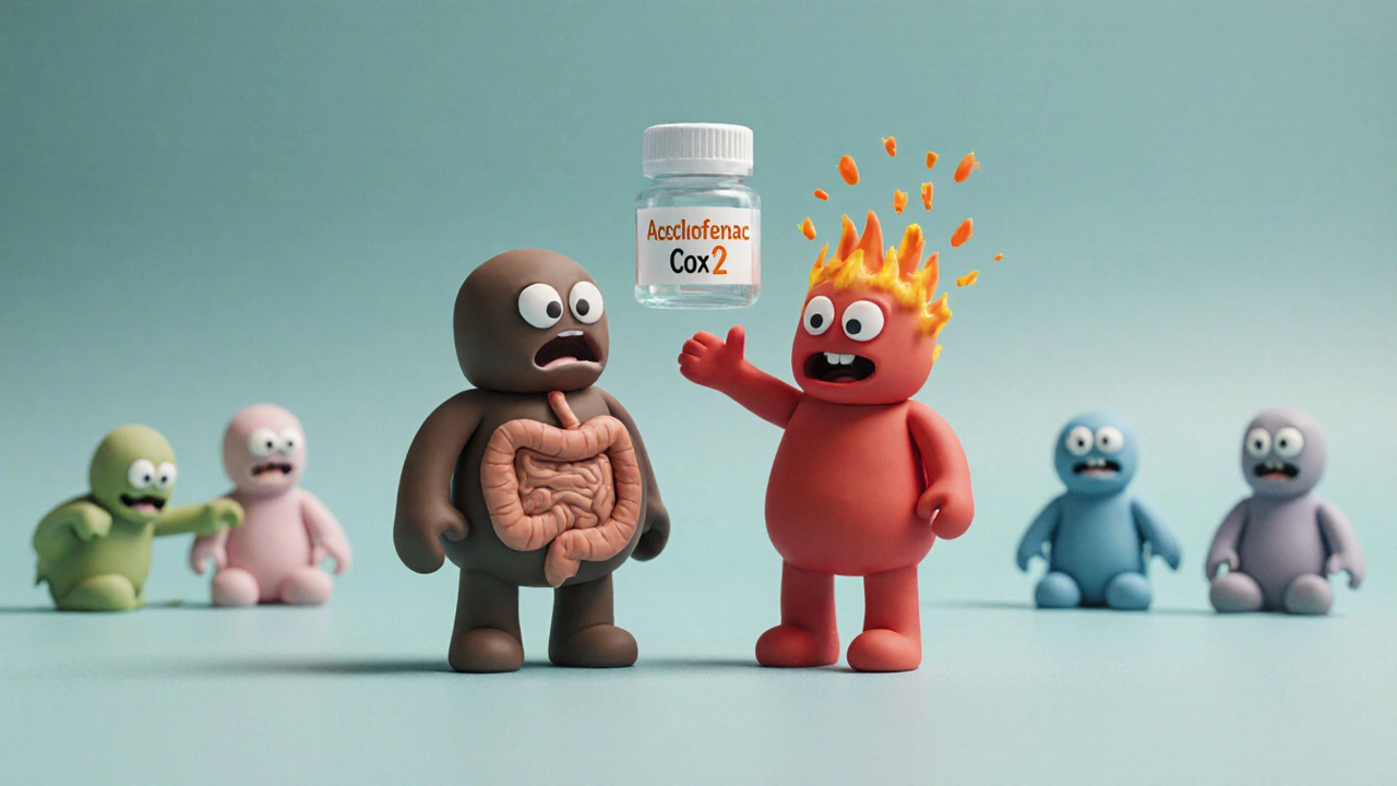 Personnages d&#039;argile représentant COX‑1, COX‑2 et Aceclofénac montrant la sélectivité.